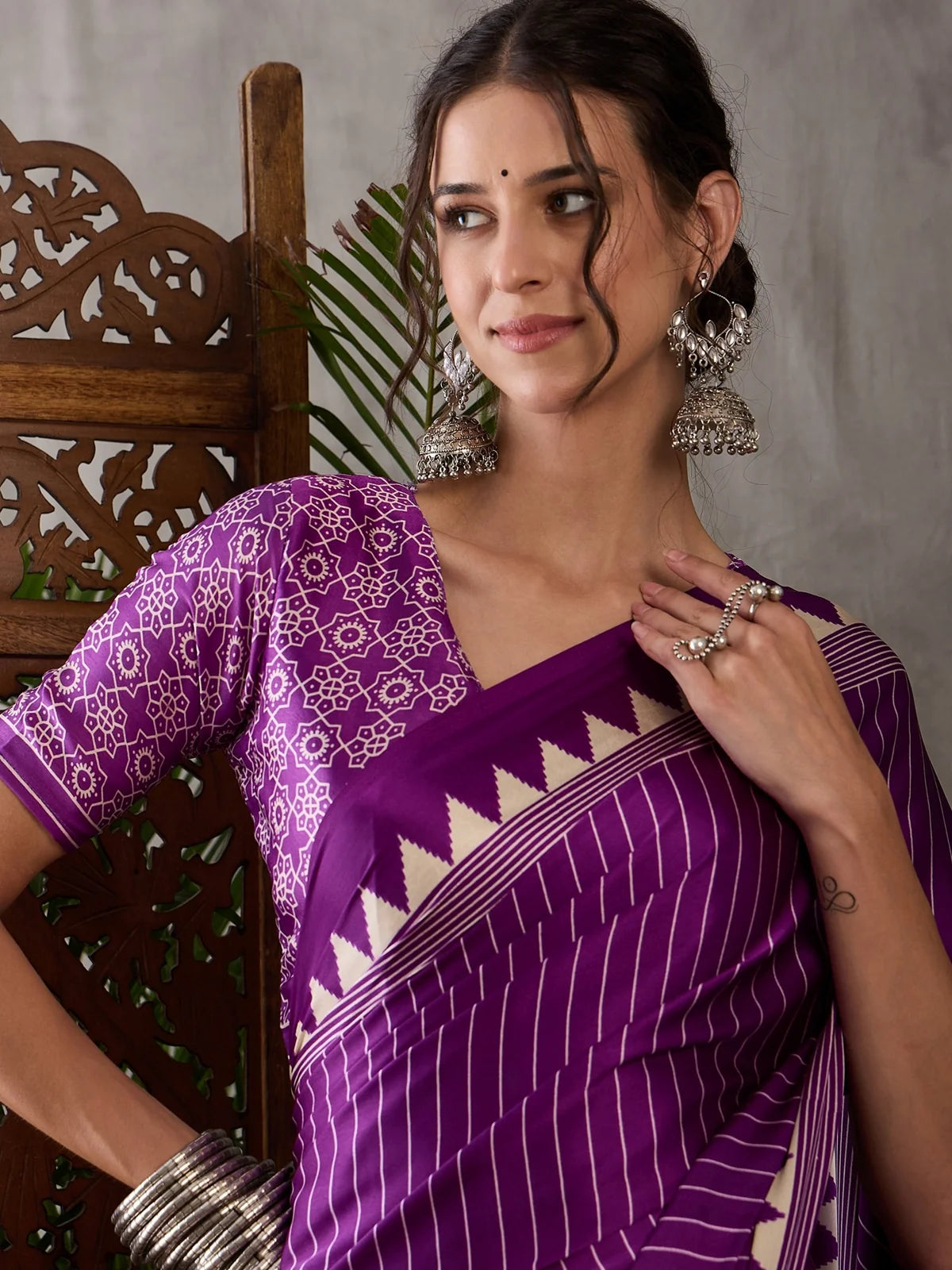 Tarani purple semi modal satin saree blouse view with detailed printed design