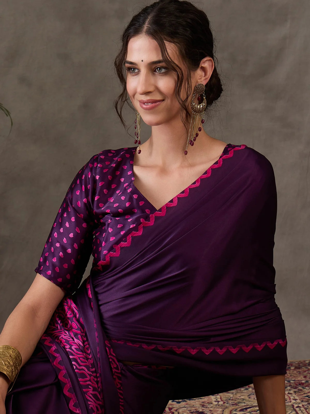 Tarani purple saree closeup showcasing border and drape details