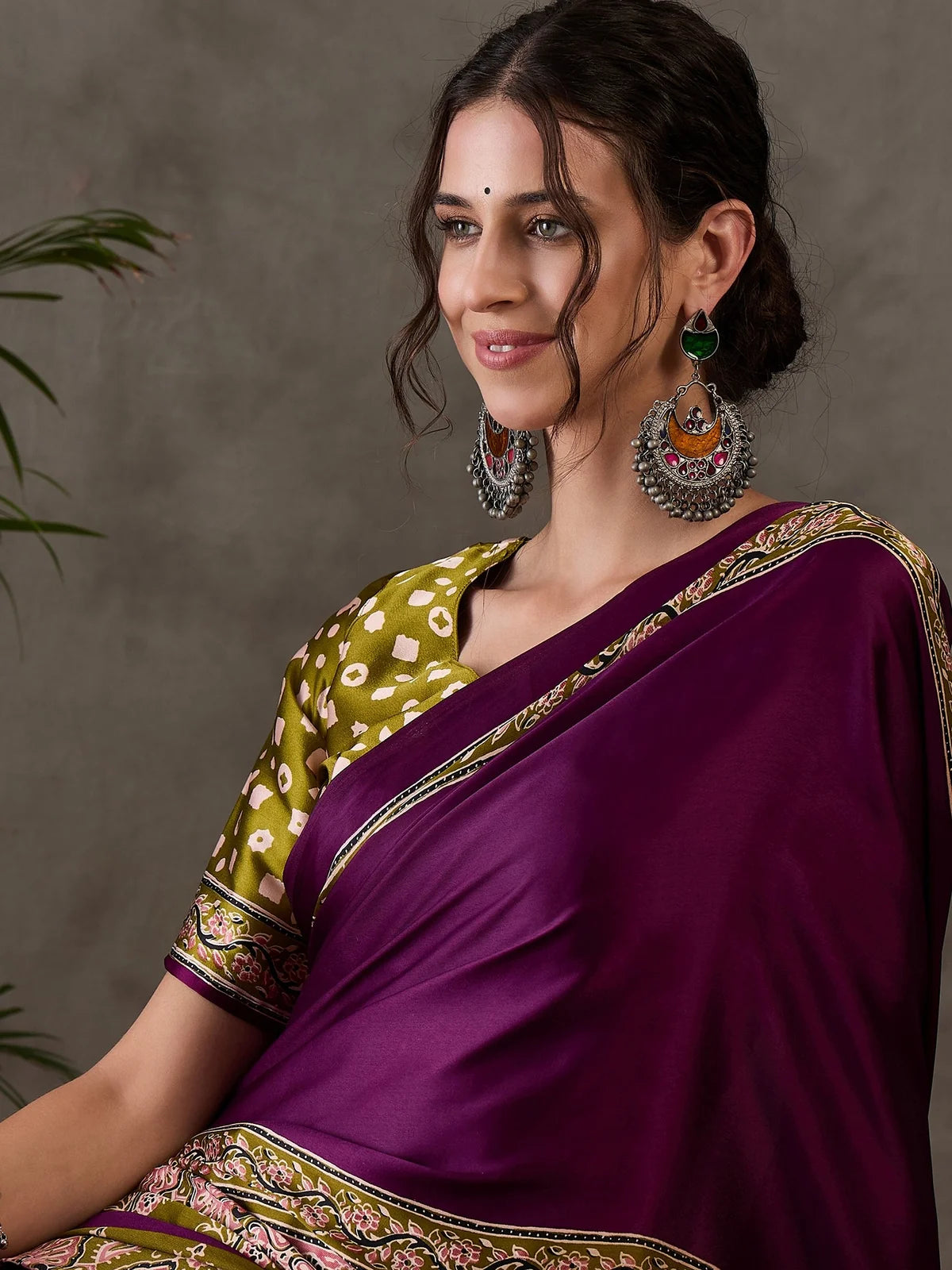 Tarani purple semi modal satin saree closeup showcasing drape and print