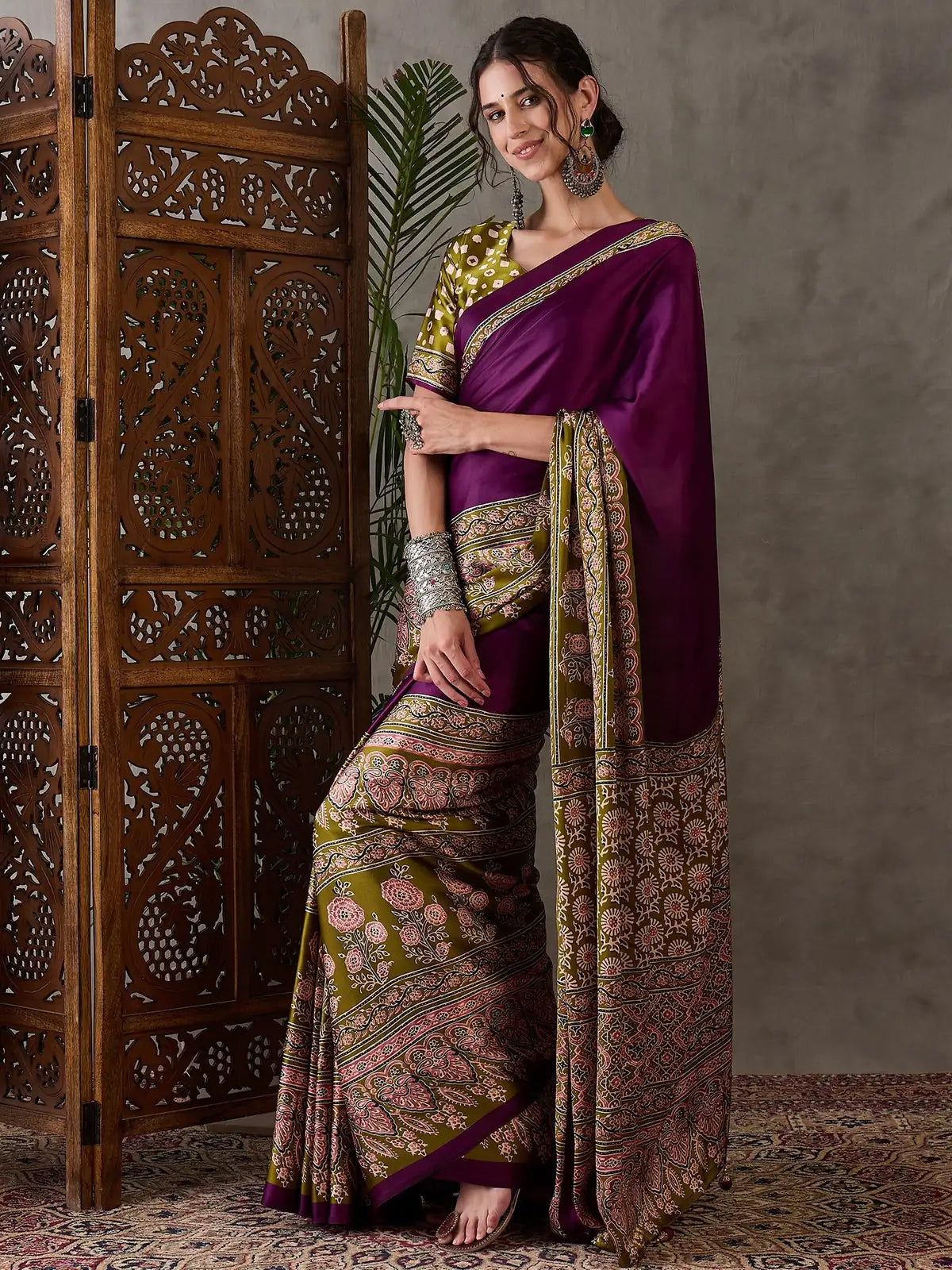 Tarani purple festive wear saree front view with printed border