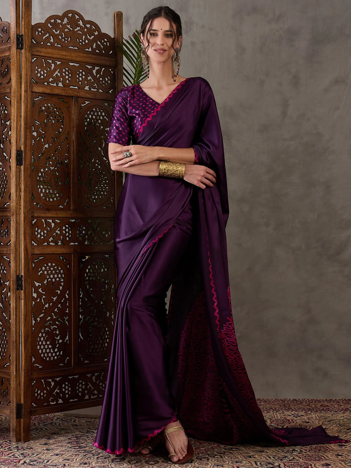 Tarani purple semi modal satin printed saree with blouse full view party wear