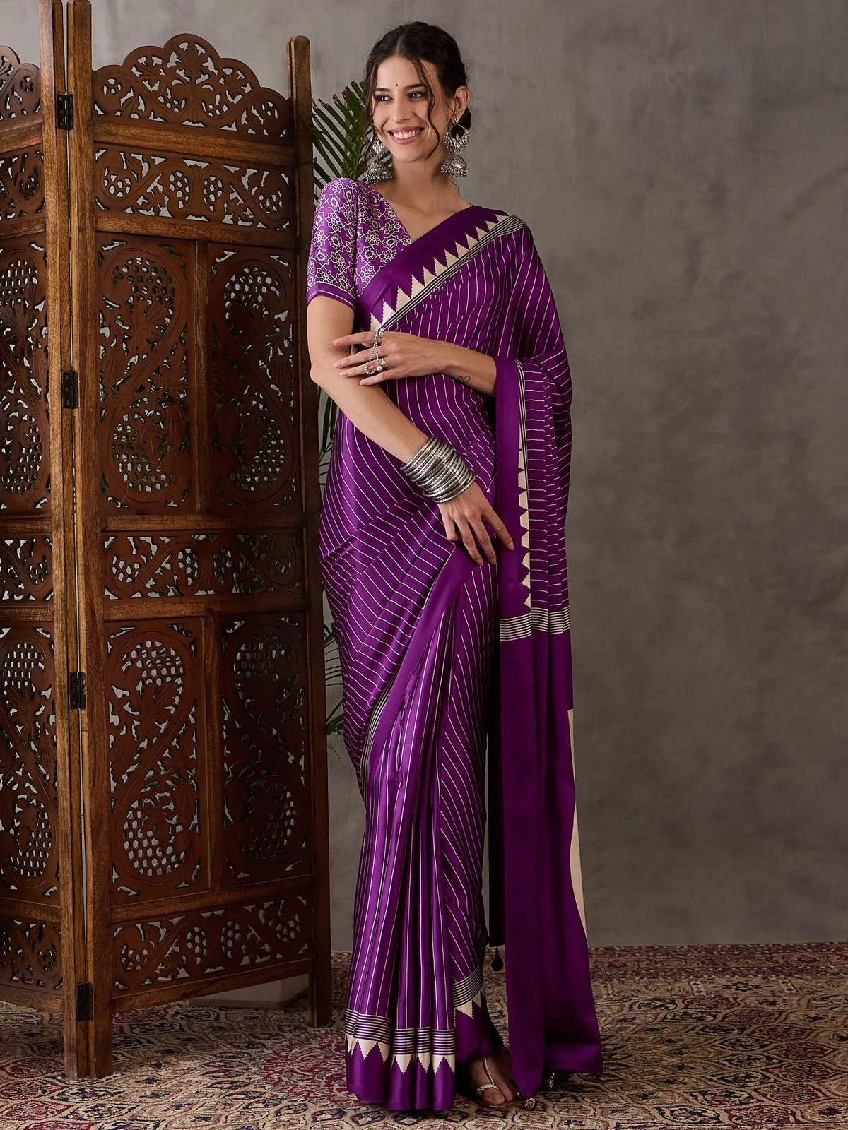 Tarani purple semi modal satin saree full view with printed blouse for festive wear