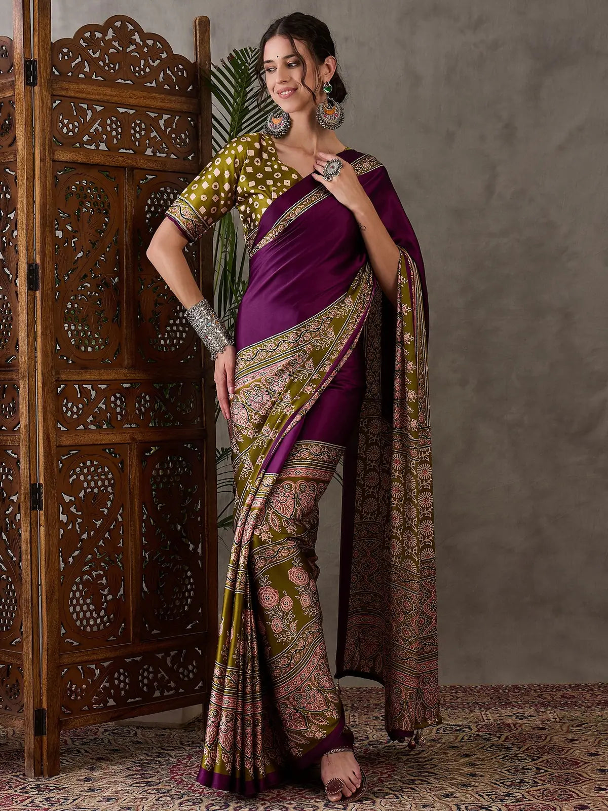 Tarani purple semi modal satin printed saree full view with designer border and blouse piece