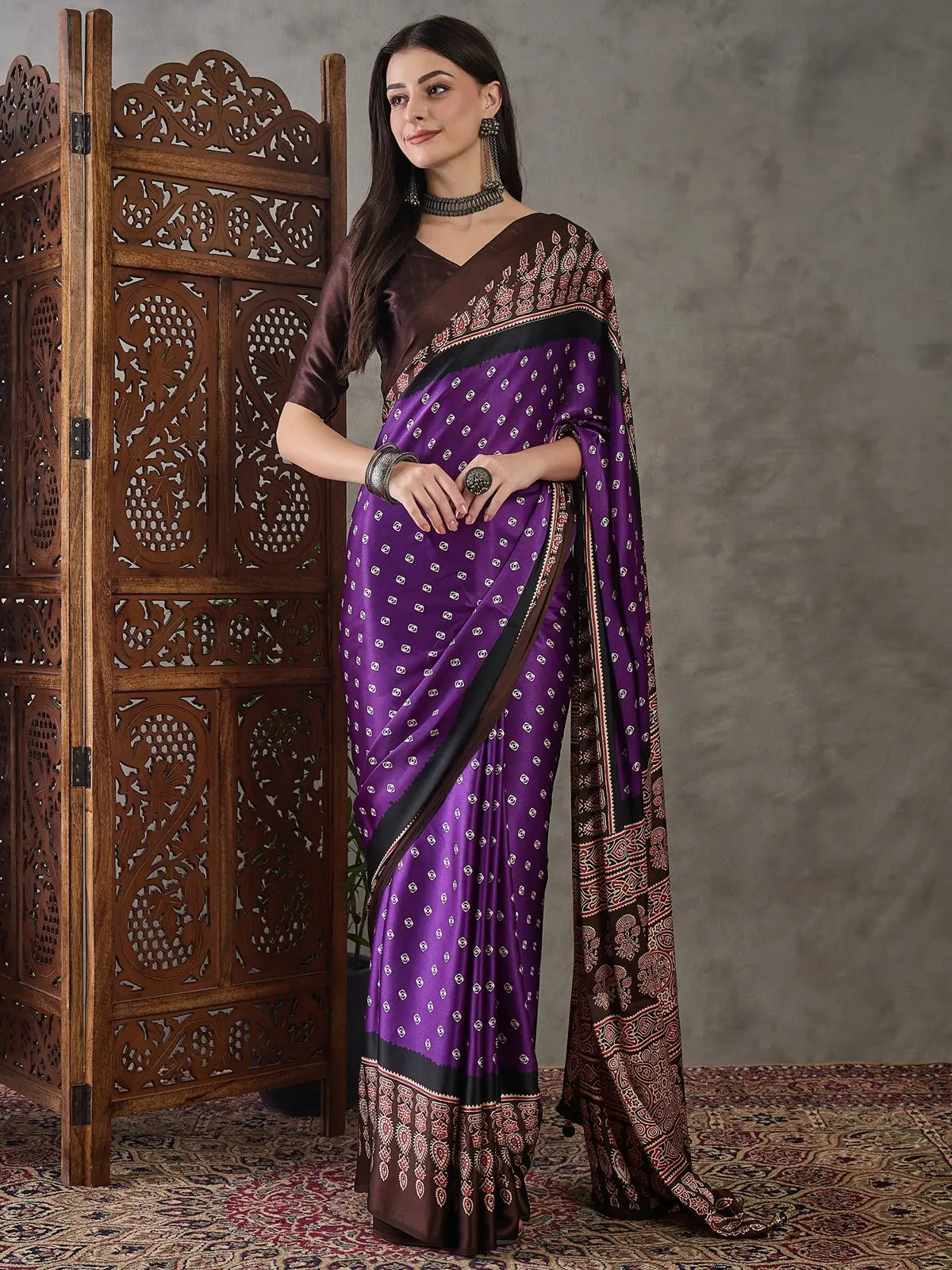 Tarani purple semi modal satin printed saree full view with blouse piece for festive and party wear