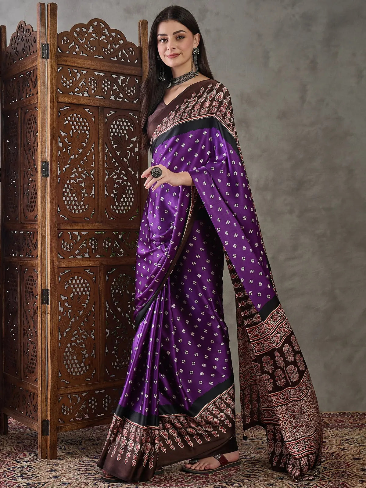 Tarani purple printed saree front drape full length festive wear look