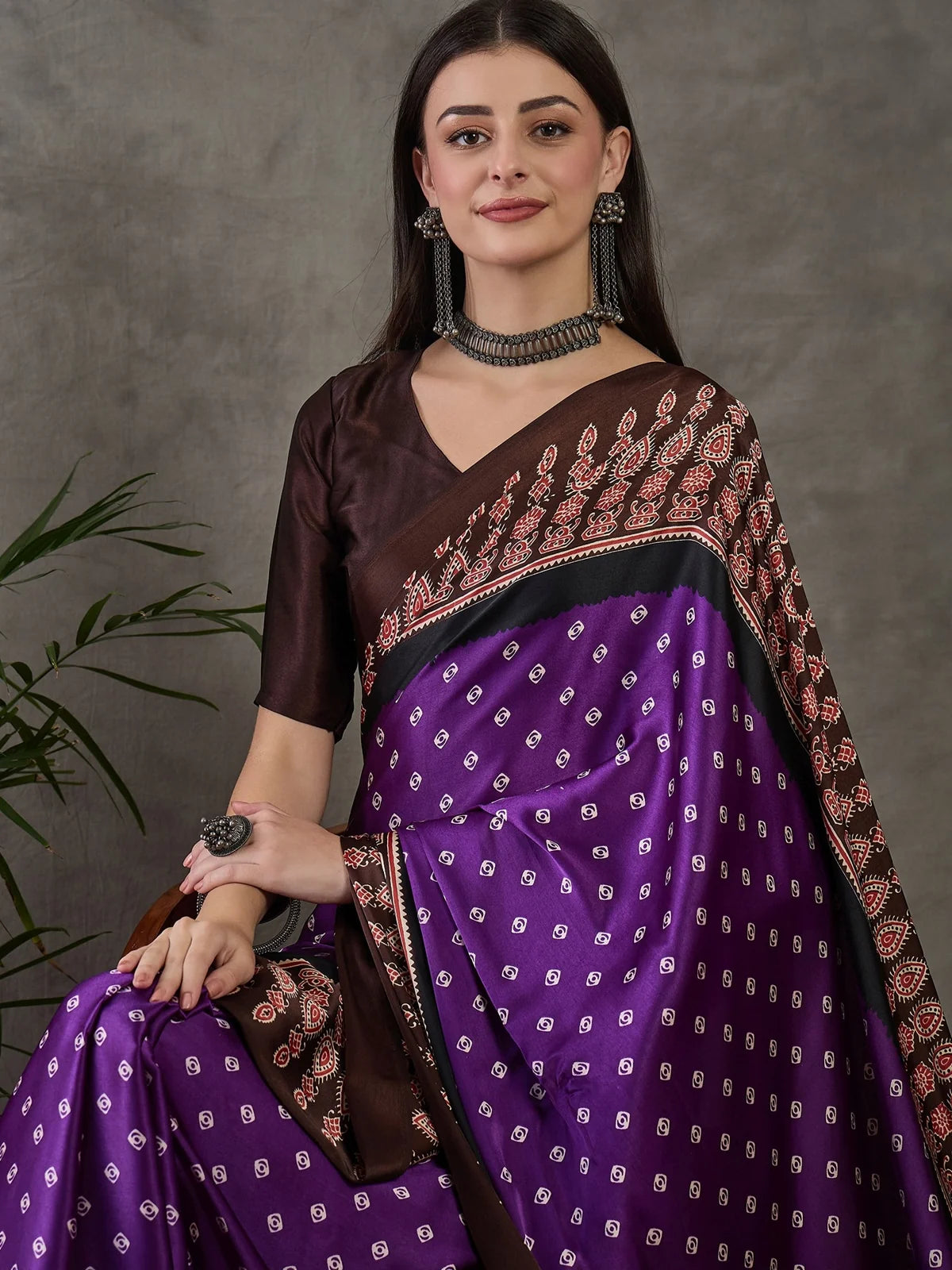 Tarani purple semi modal satin saree upper body portrait with printed border
