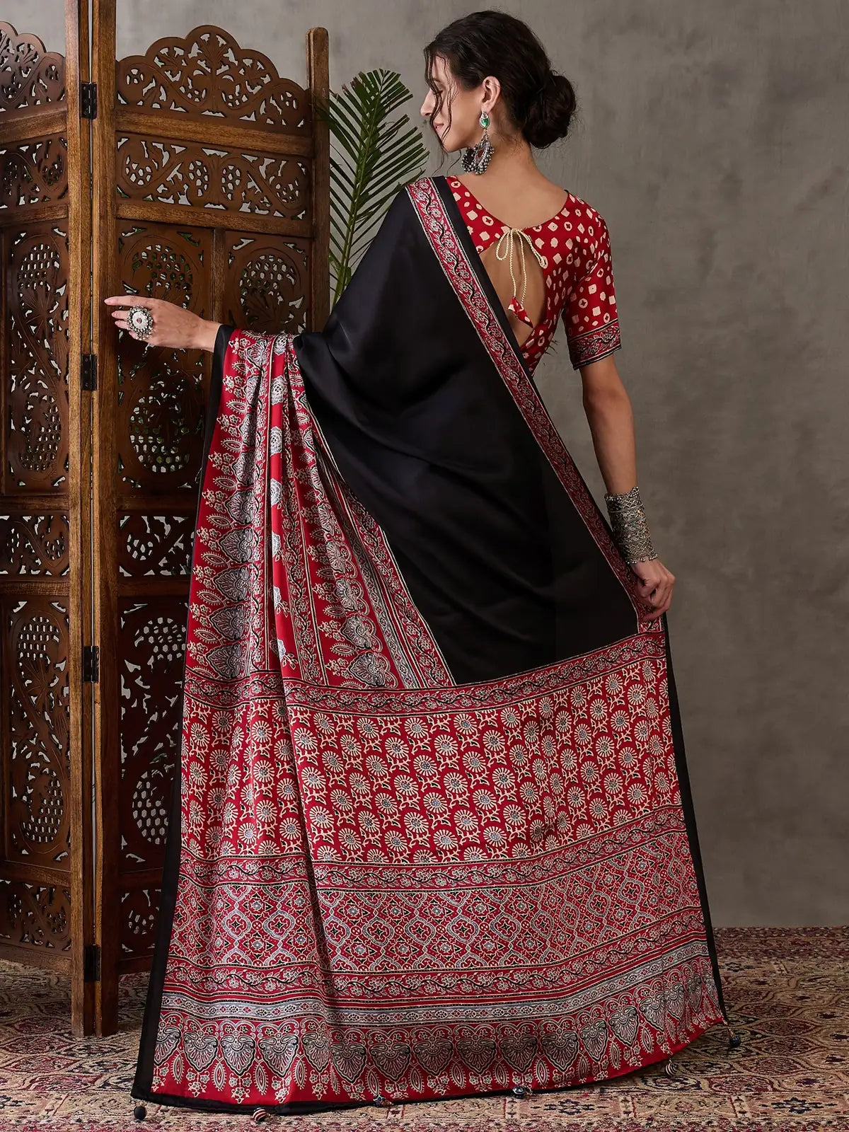Tarani red semi modal satin saree back view with blouse design