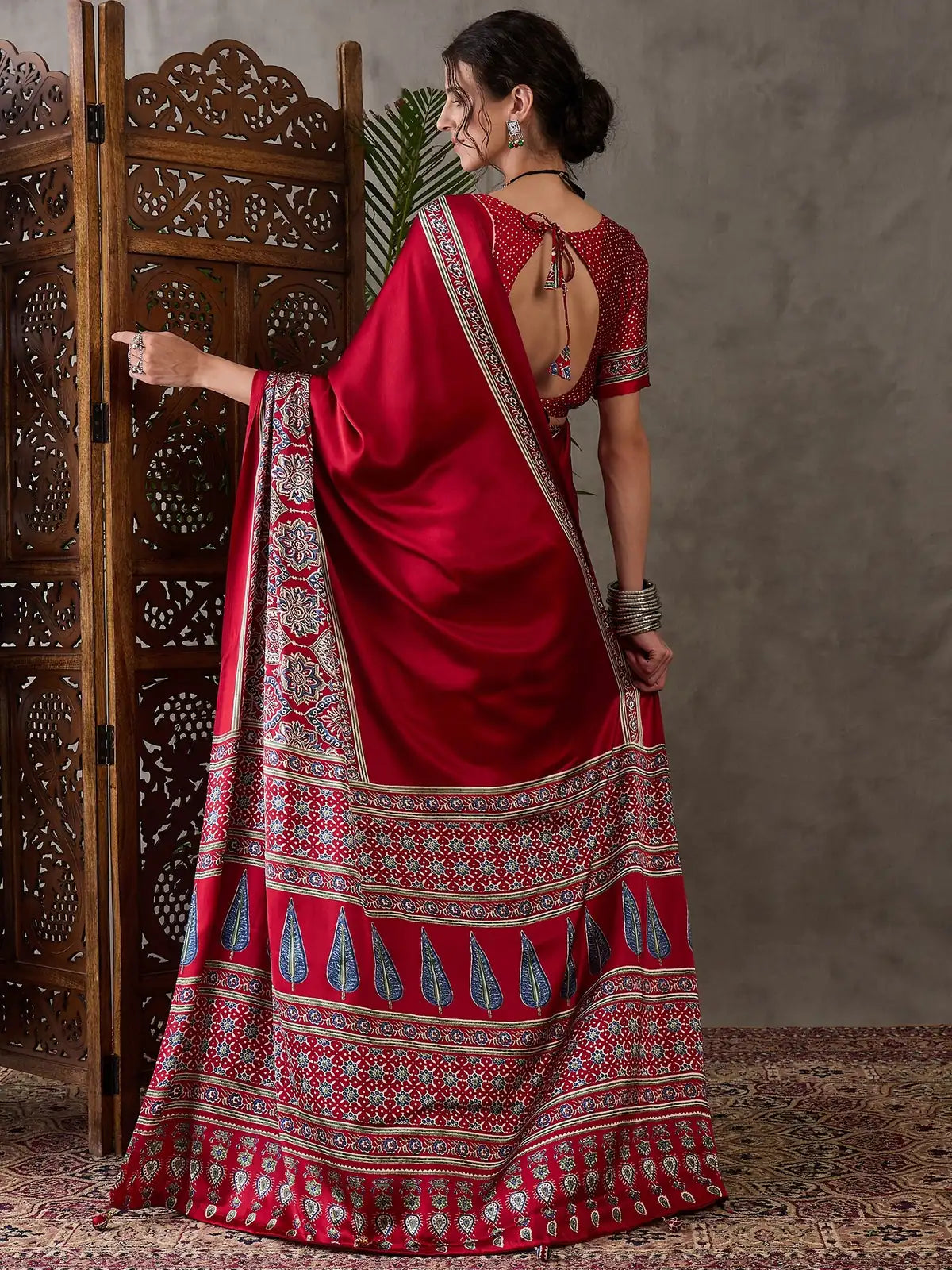 Tarani red Semi Modal Satin saree back view showing pallu and blouse back design