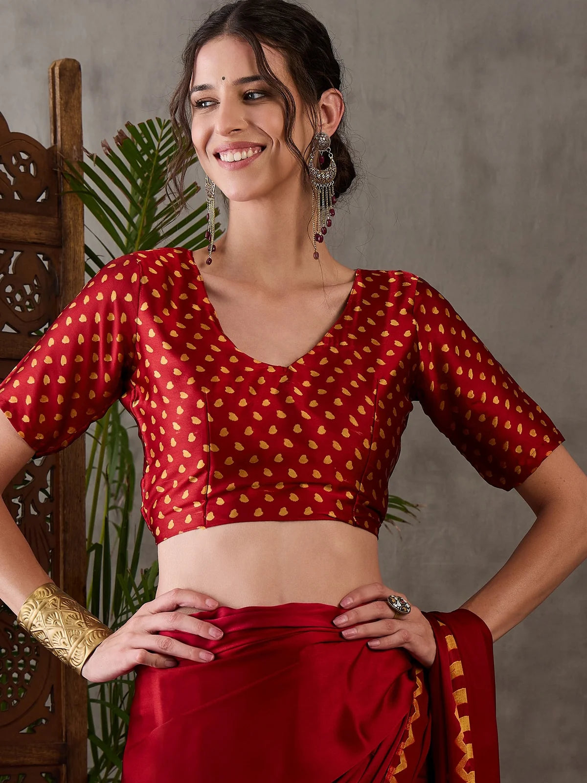 Tarani red semi modal satin saree with printed blouse close blouse view