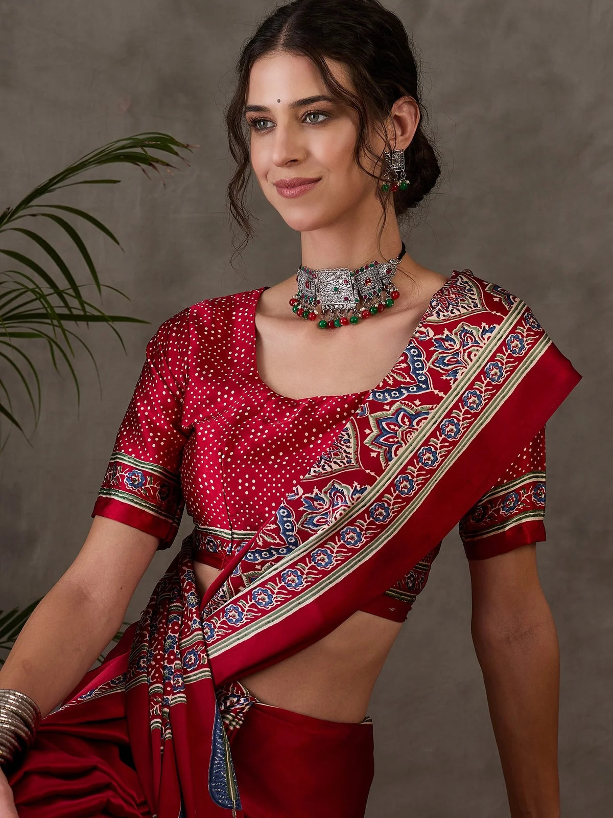 Tarani red Semi Modal Satin blouse closeup with traditional printed detailing