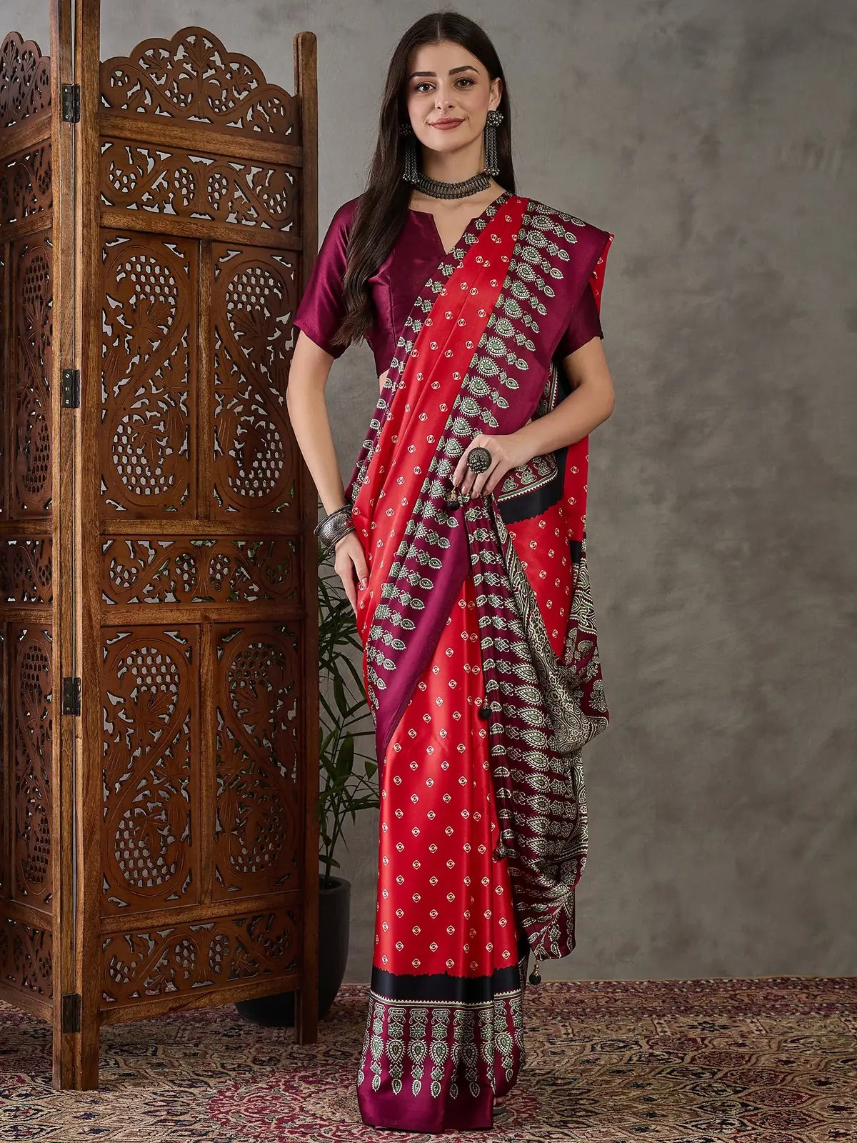 Tarani Aruna red semi modal satin printed saree full front view with blouse piece