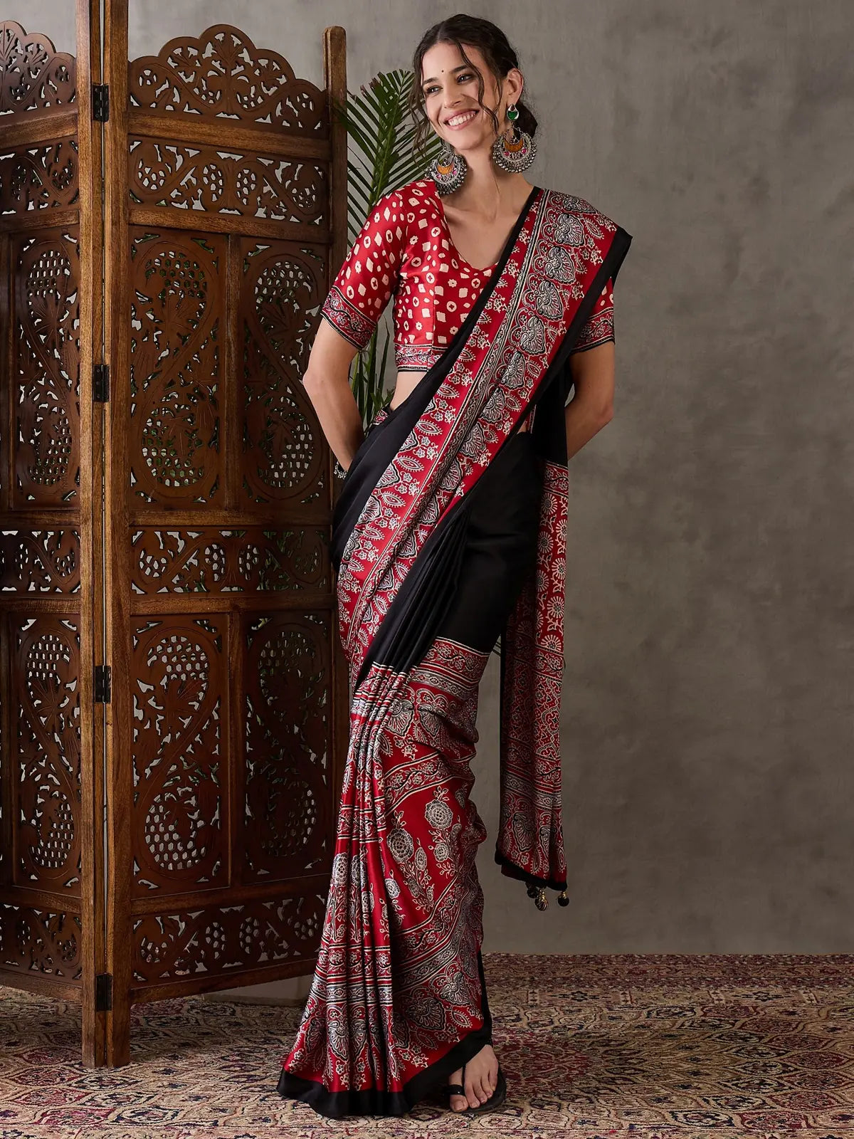 Tarani red semi modal satin printed saree with blouse full view party wear