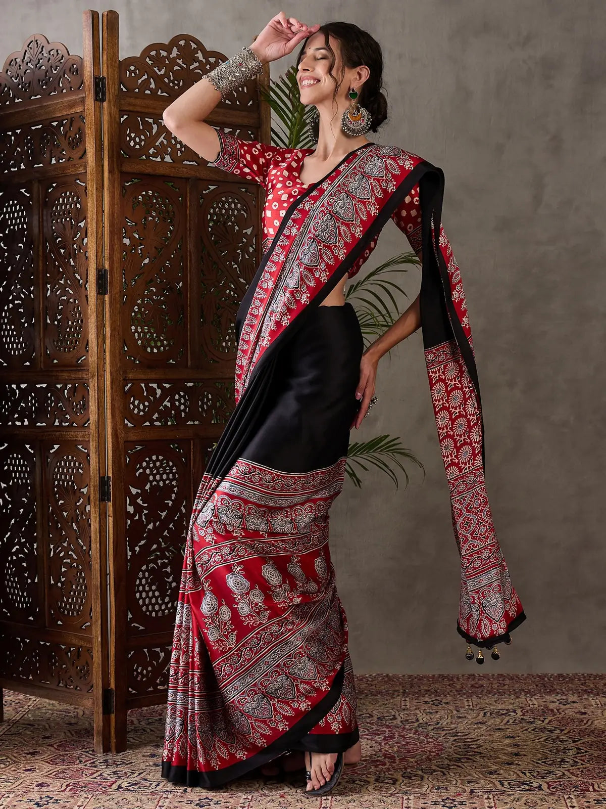 Tarani red printed semi modal satin saree front full drape view