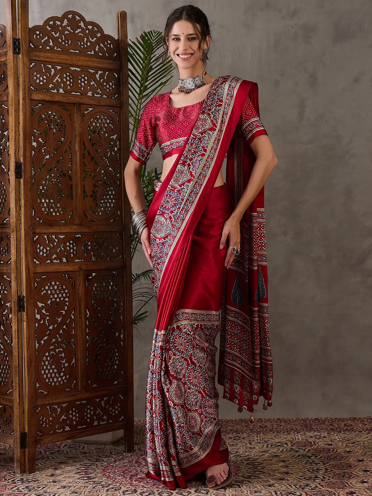 Tarani red Semi Modal Satin printed saree full front view with blouse piece for festive and party wear