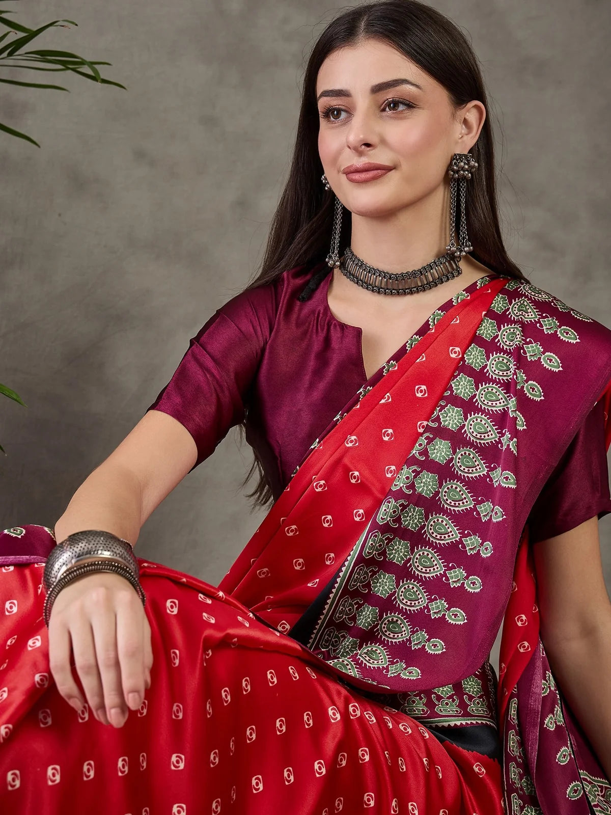 Tarani Aruna red semi modal satin saree upper body portrait with printed border
