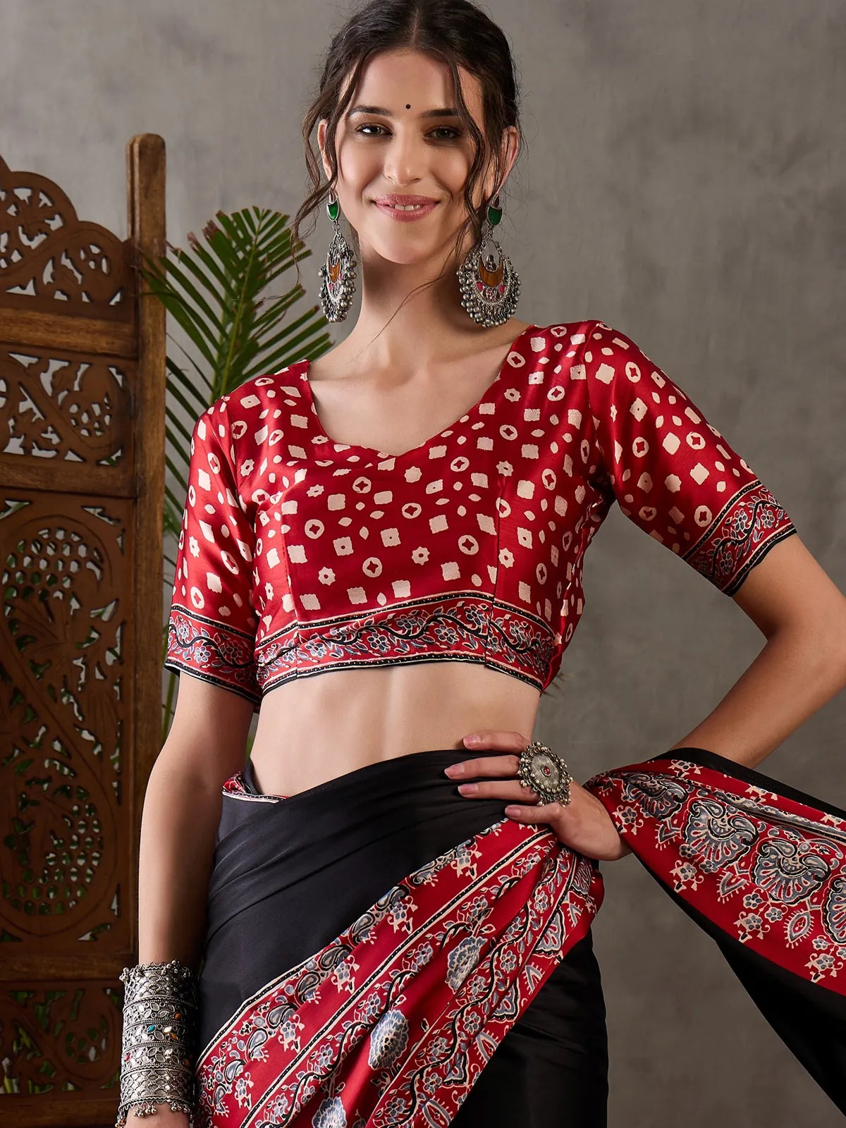 Tarani red semi modal satin saree blouse design upper body view
