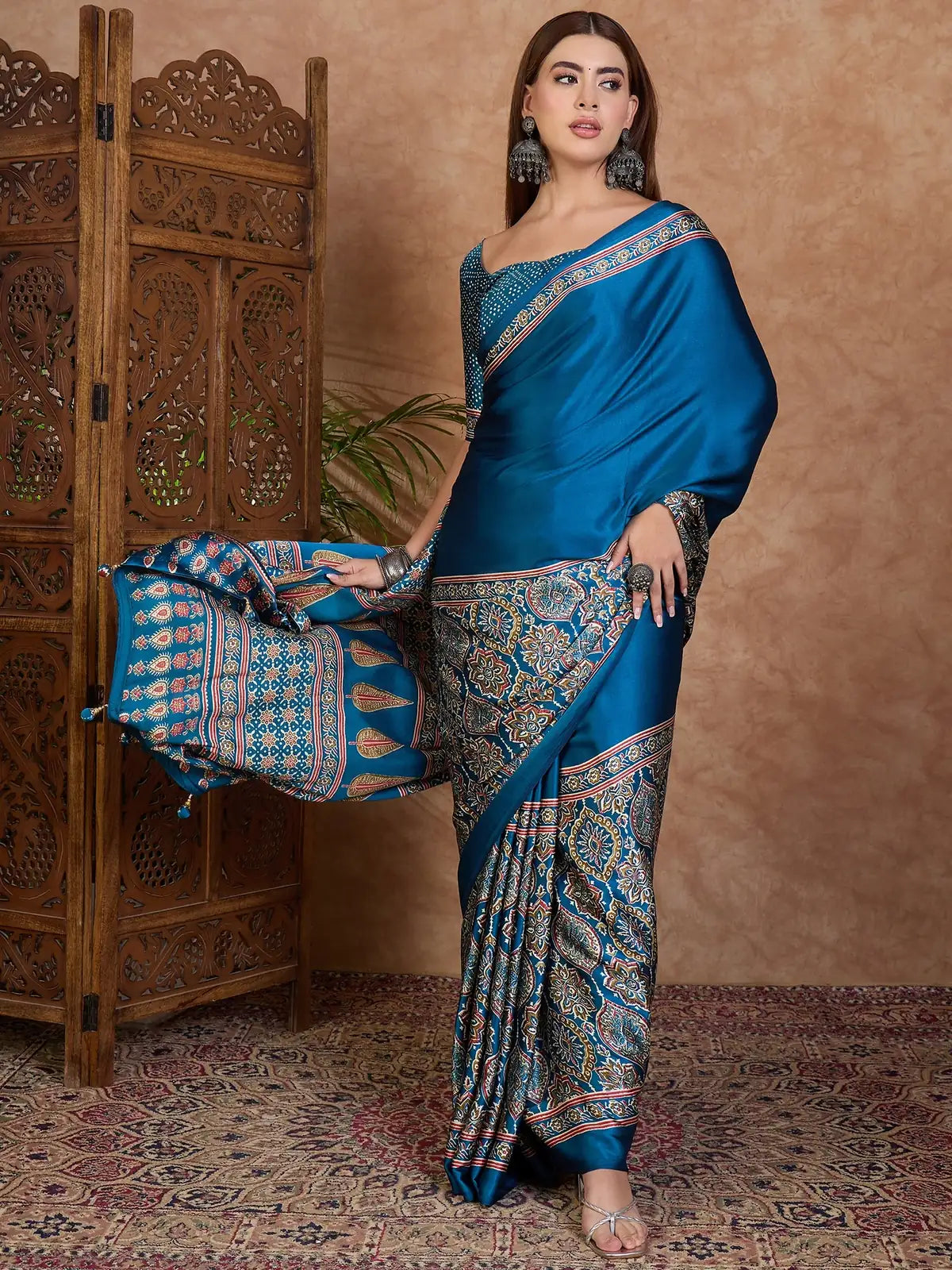 Tarani Fulrani teal printed semi modal satin saree elegant front pose