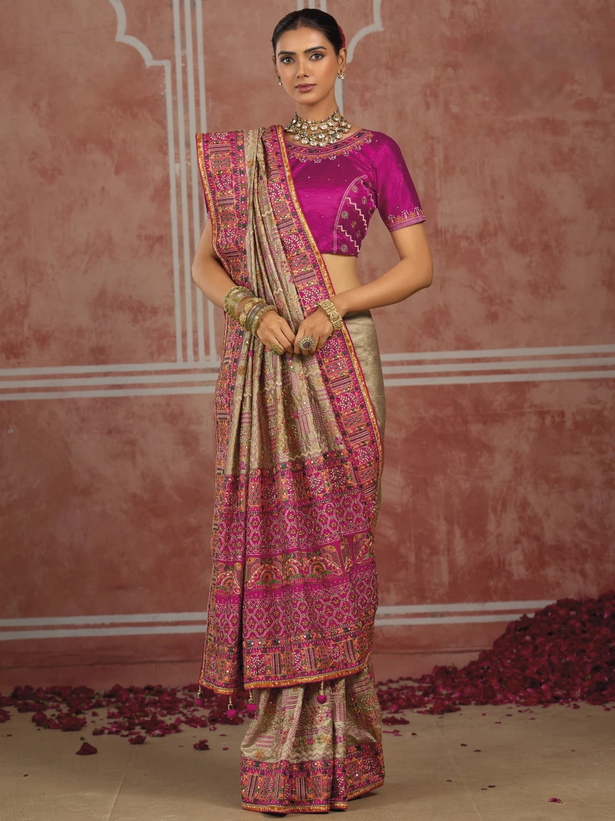 Tarani Shana Silk saree with Kachhi diamond mirror work, front view