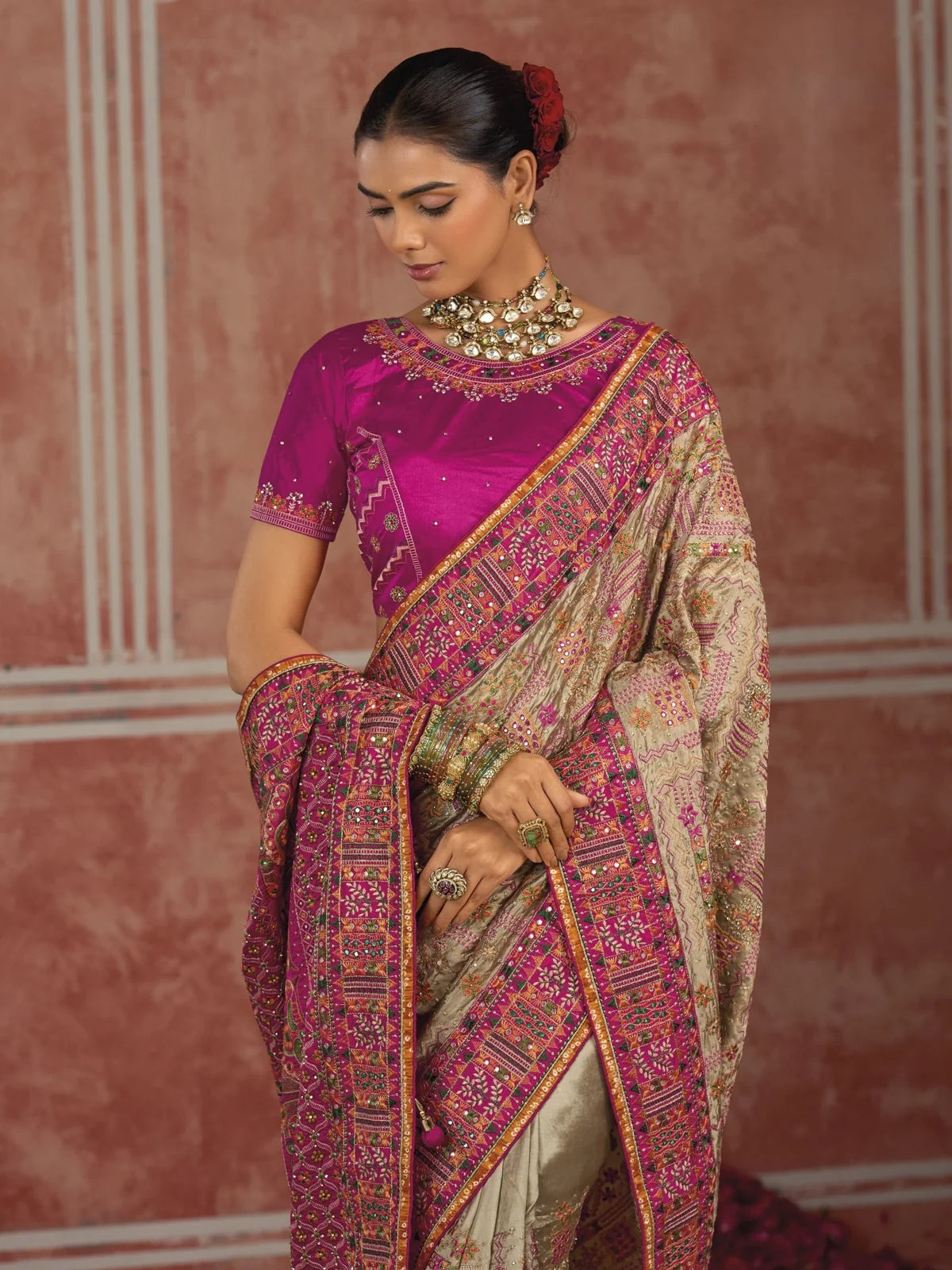Tarani Shana Silk saree with Kachhi diamond mirror work, upper body view