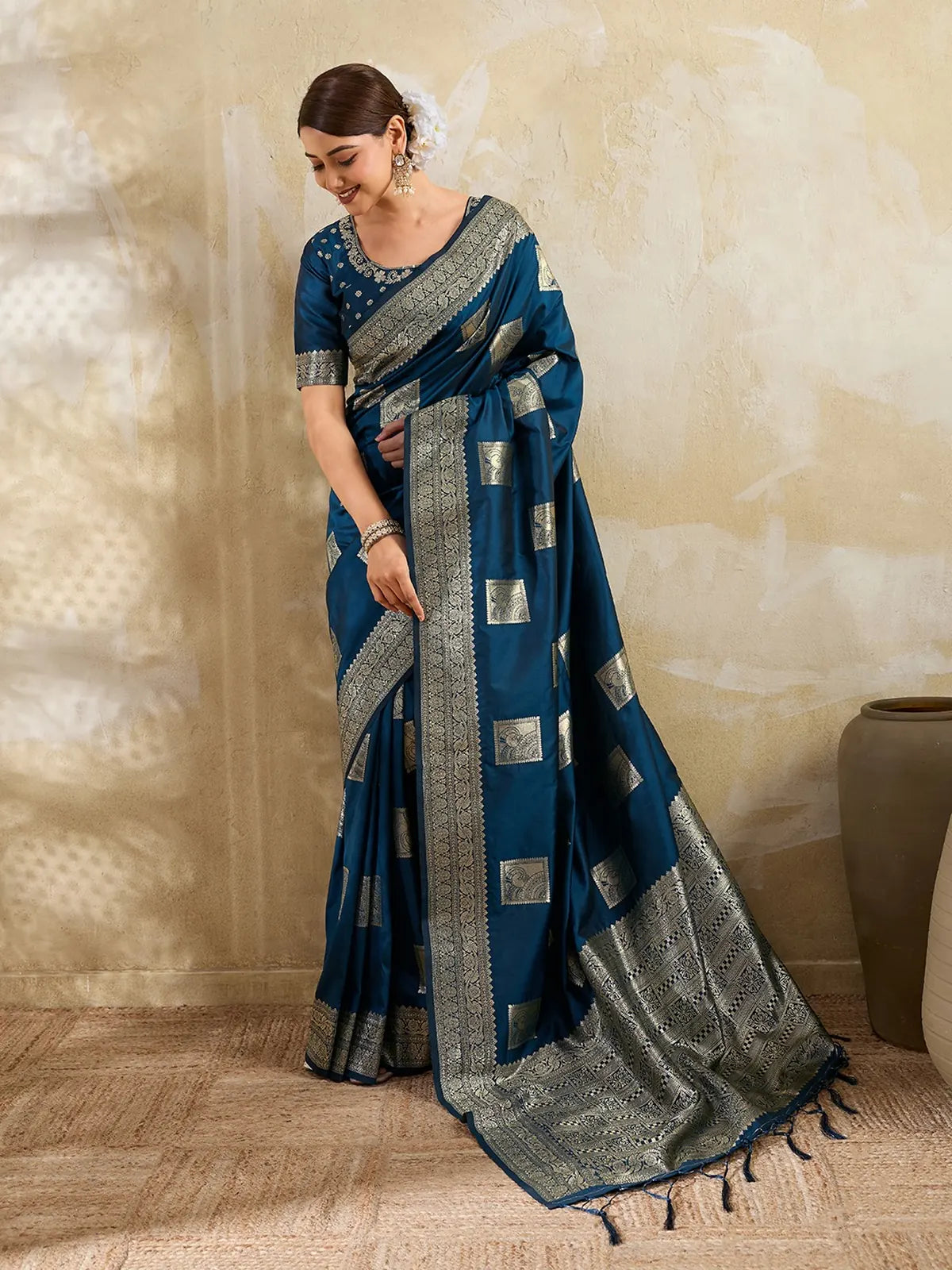 Tarani blue silk blend zari work saree full view for festive and party wear