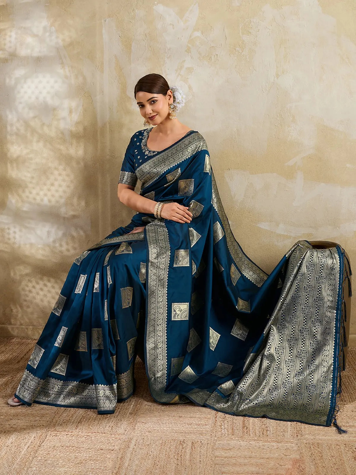 Tarani blue silk blend saree side pose with rich zari woven border