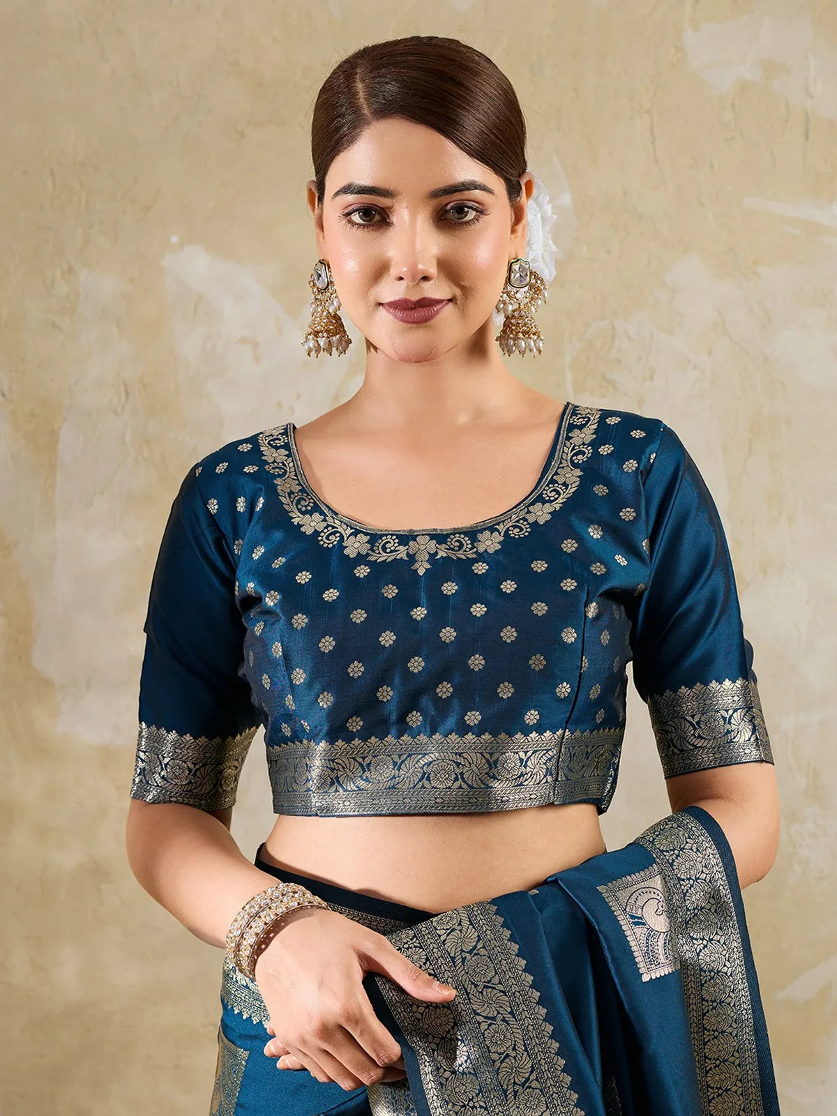 Tarani blue silk blend saree with zari blouse upper body portrait view