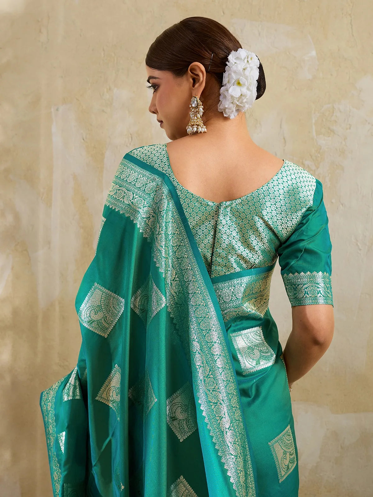 Tarani green silk blend blouse view with zari detailing for festive saree styling