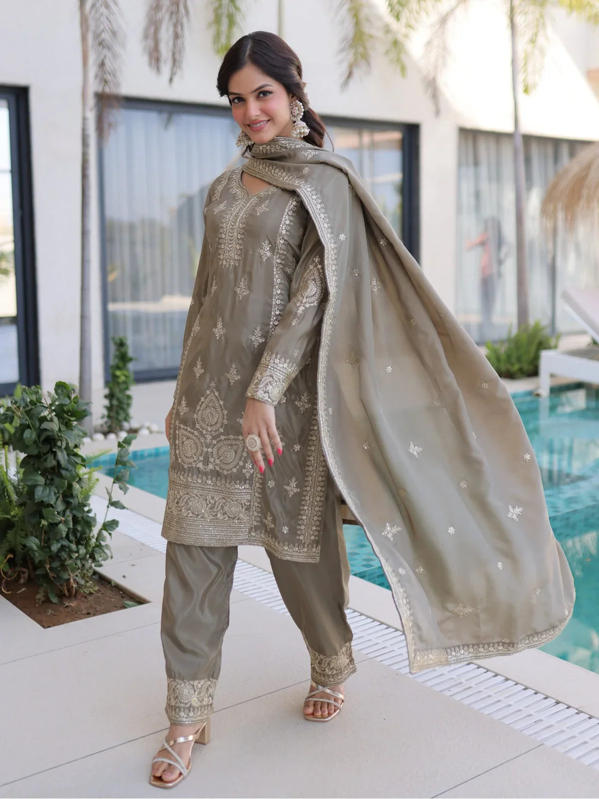 Tarani beige silk embroidered festive dress full view with dupatta for weddings