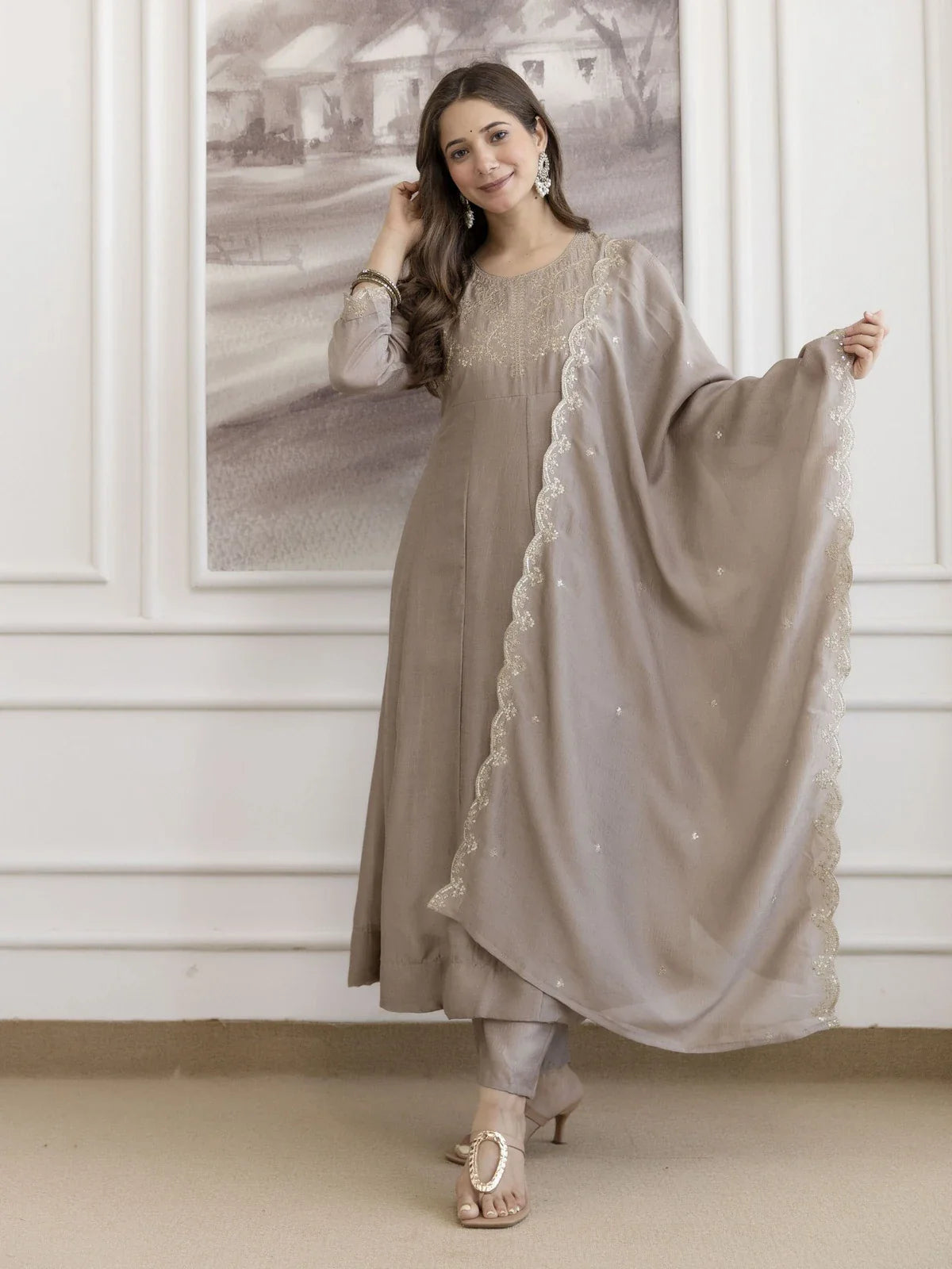 Tarani beige silk festive dress full front view with embroidery work and dupatta