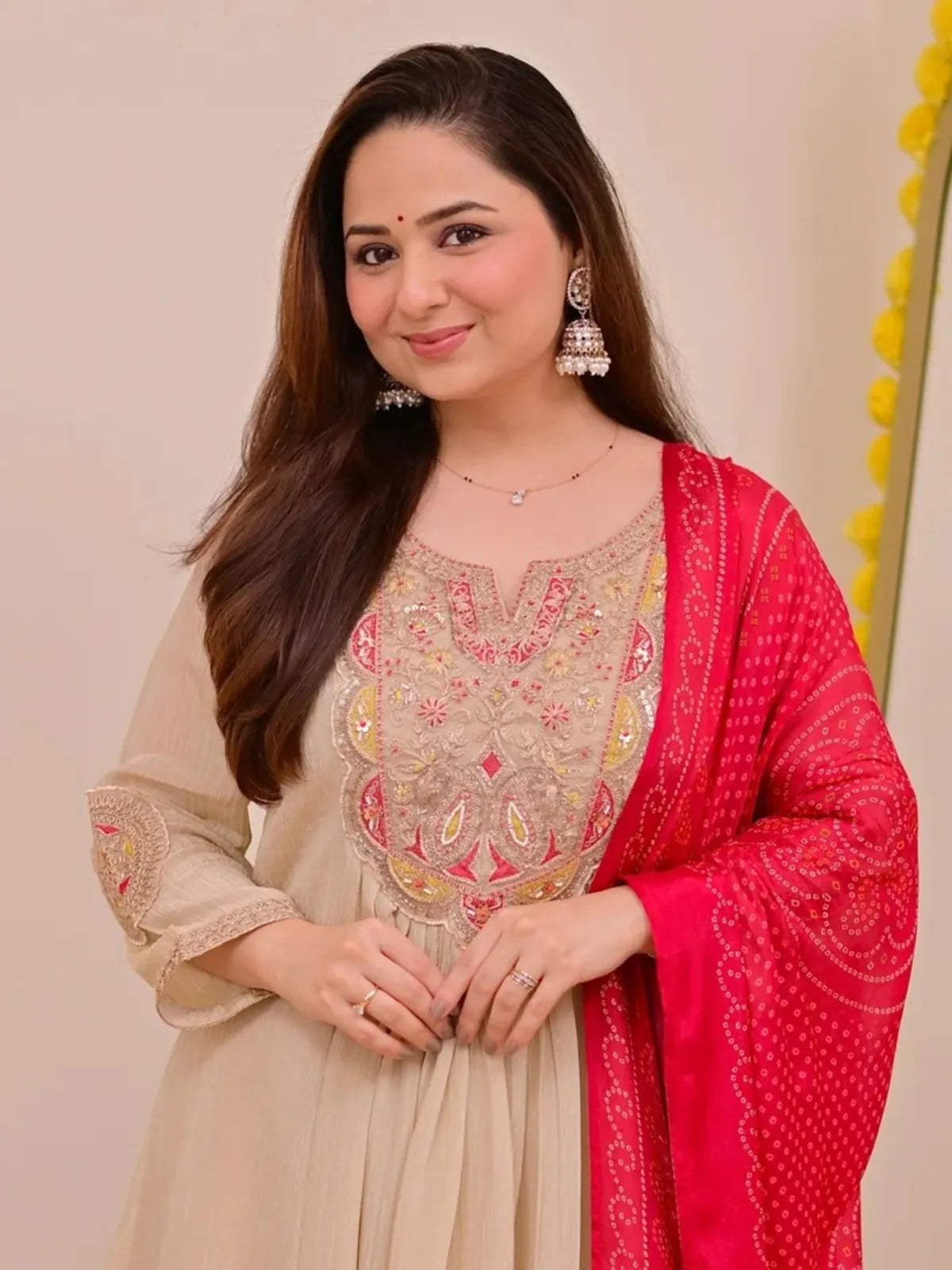 Tarani embroidered silk festive dress beige with close upper body look