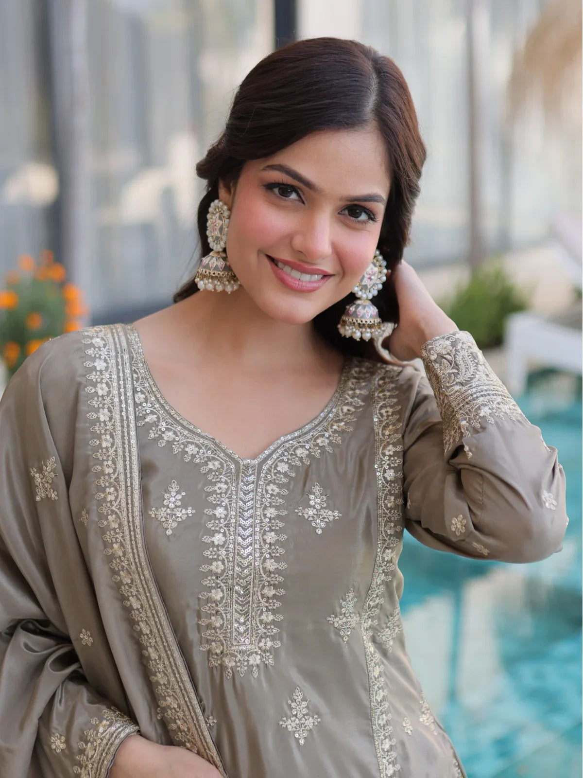 Tarani beige silk embroidered dress upper body view showing neckline and zari work