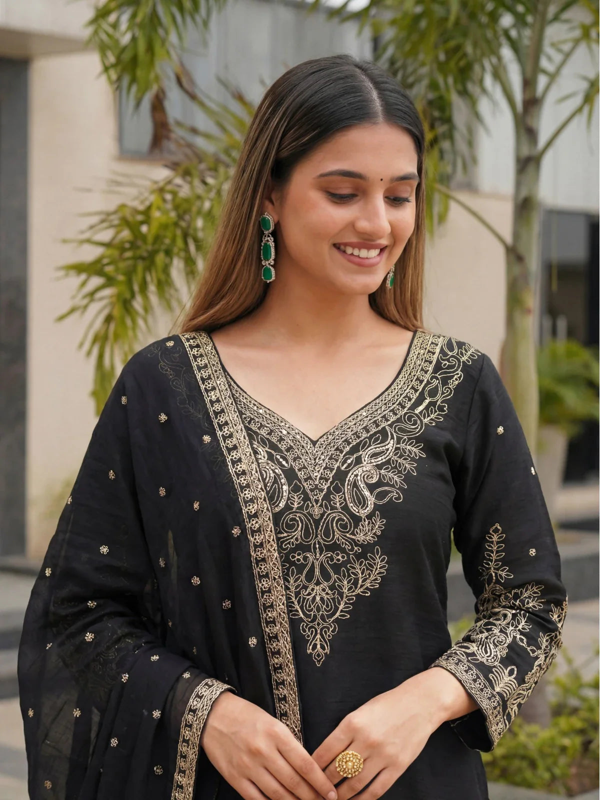 Tarani premium black chinon silk dress upper body view highlighting neckline and zari work