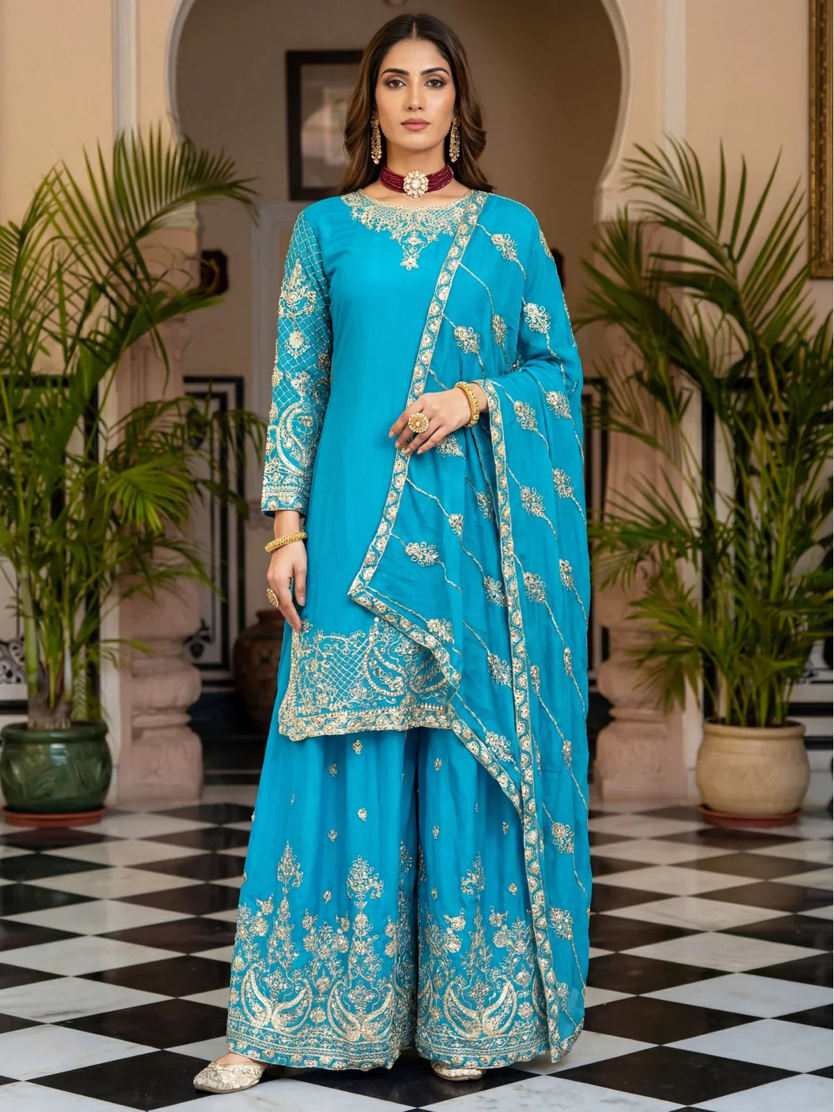 Tarani premium blue silk dress with dupatta and sharara for wedding and festive occasions