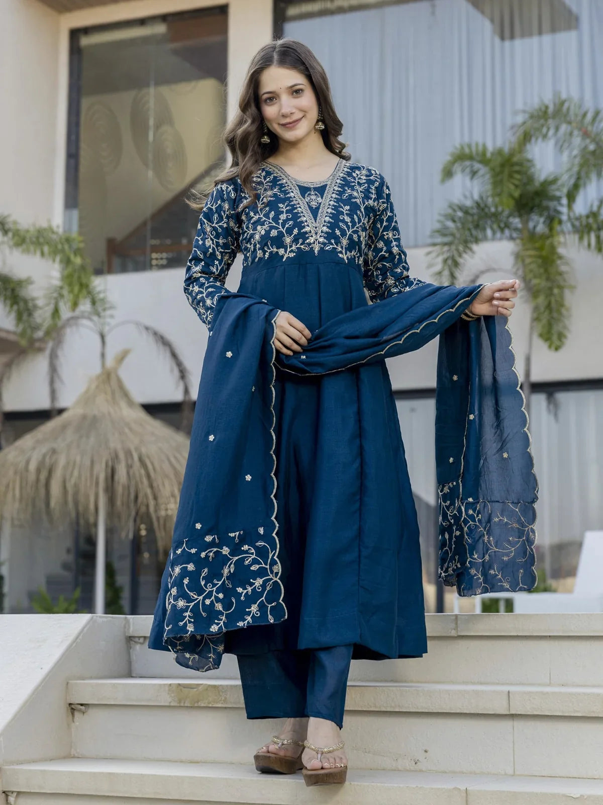 Tarani elegant blue silk dress with embroidery and dupatta full front view