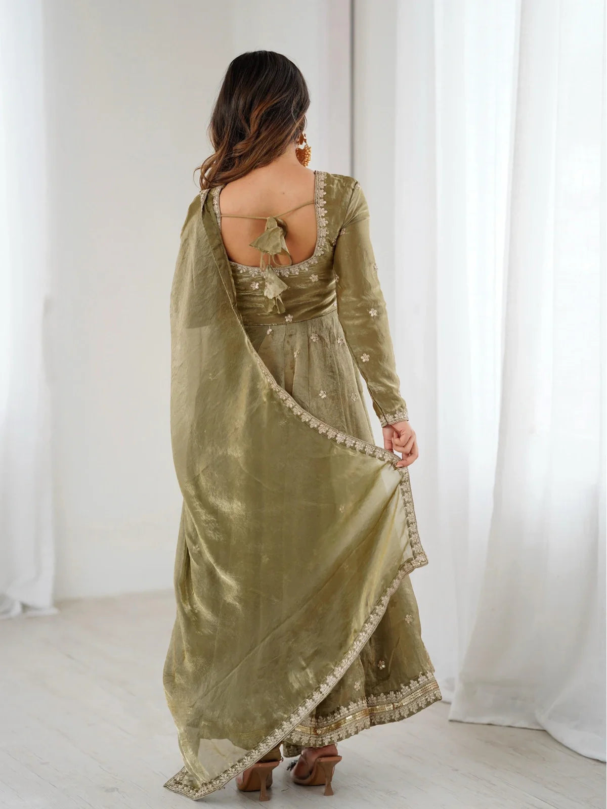 Tarani stylish green silk dress with open back tie design and dupatta back view