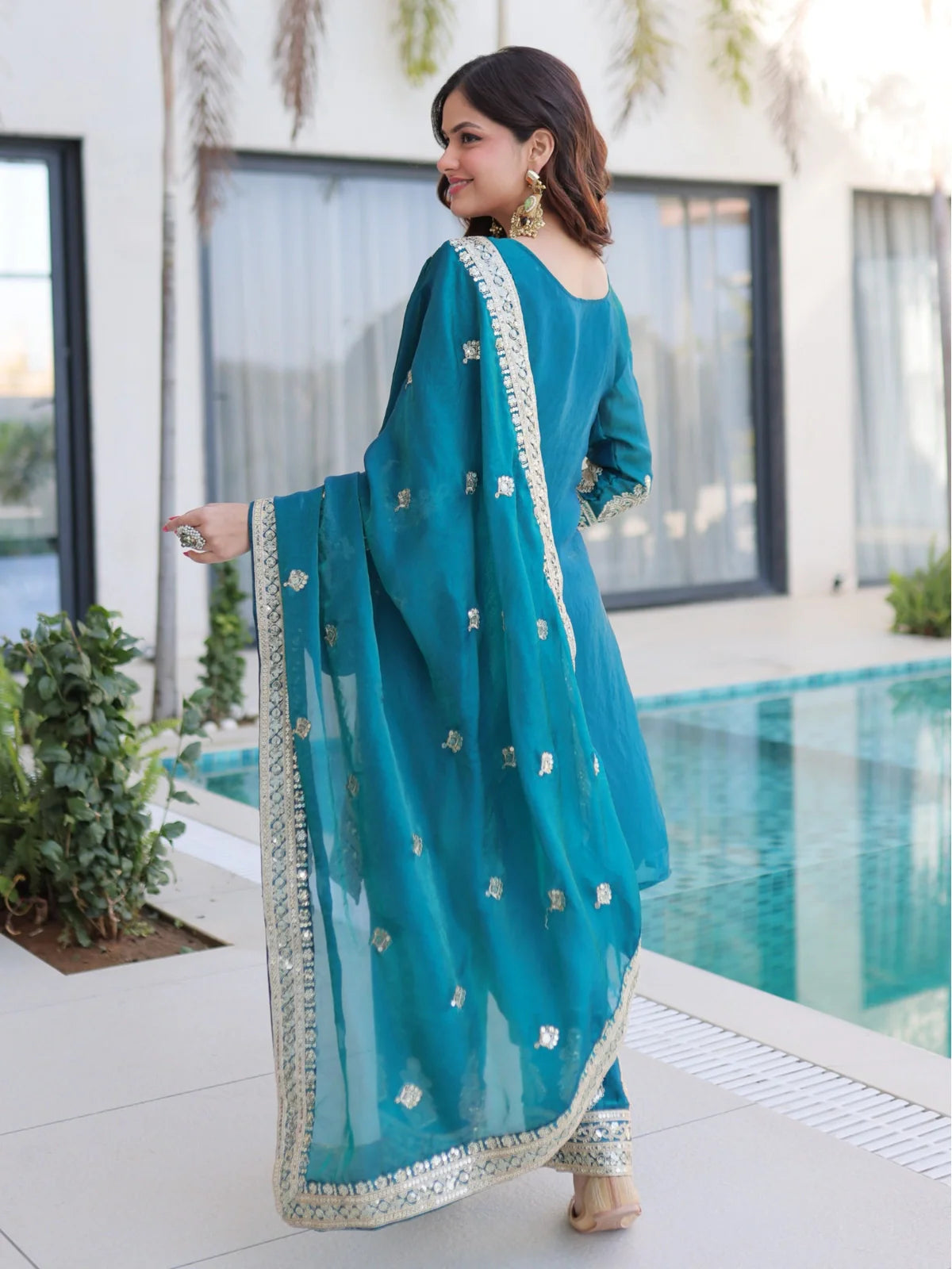 Tarani festive embroidered silk dress back view with dupatta detailing