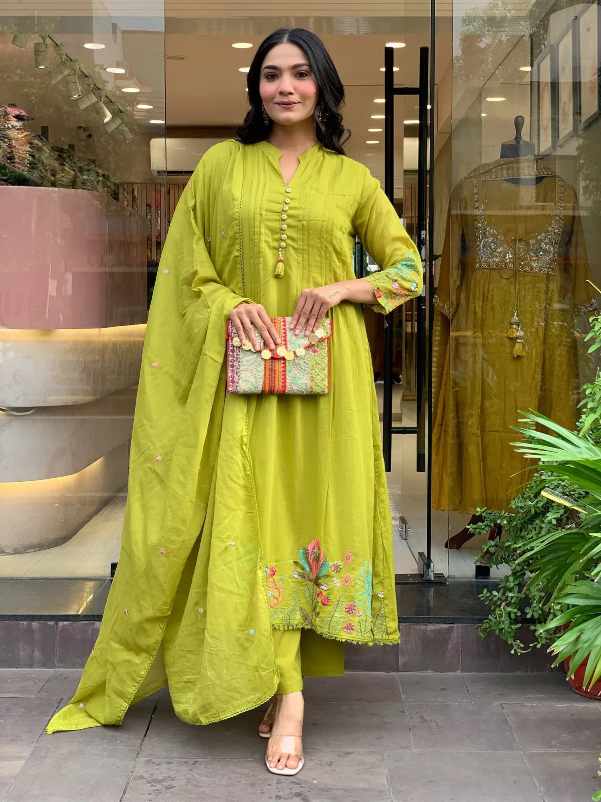 Tarani festive green chanderi silk dress with embroidery and elegant front pleats