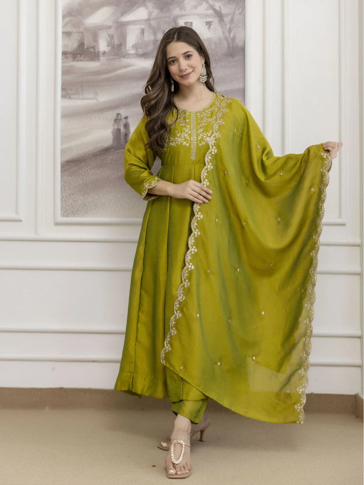 Tarani green silk dress with dupatta full view for festive and wedding occasions