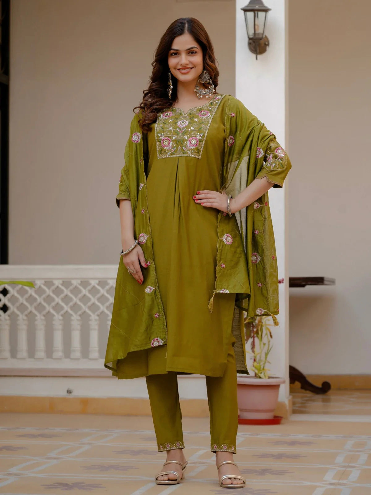 Tarani premium green silk dress with embroidery and dupatta in full view front pose