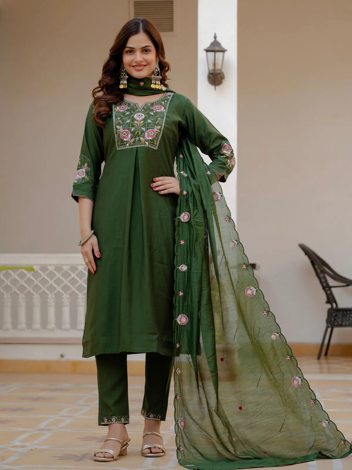 Tarani green silk dress with floral embroidery and dupatta full front view