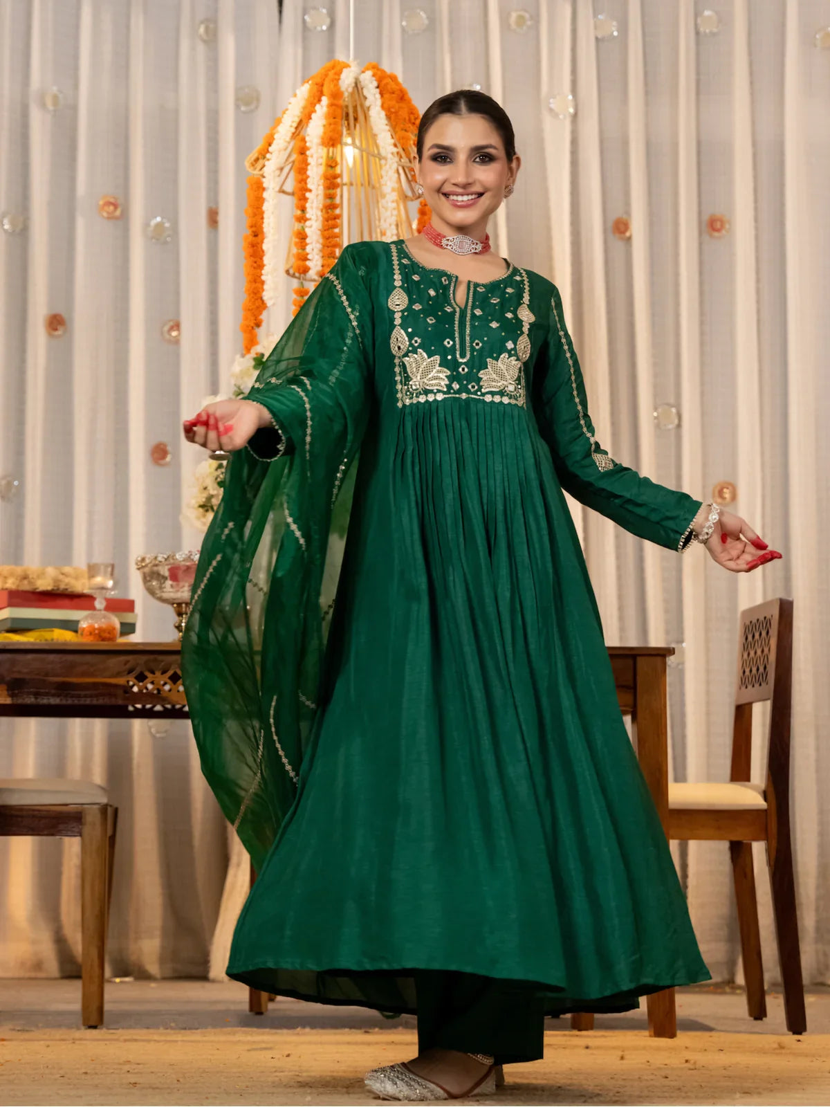 Tarani green silk dress with embroidery, full front view showing festive ethnic look