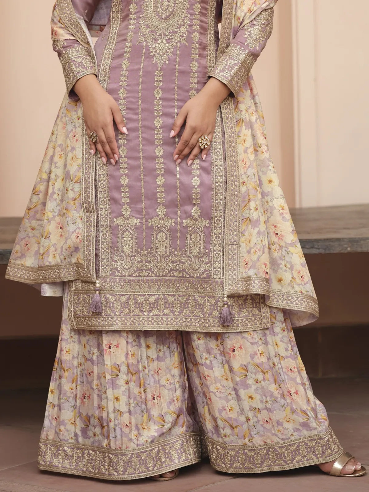 Tarani lavender silk sharara suit closeup view highlighting embroidery and fabric texture