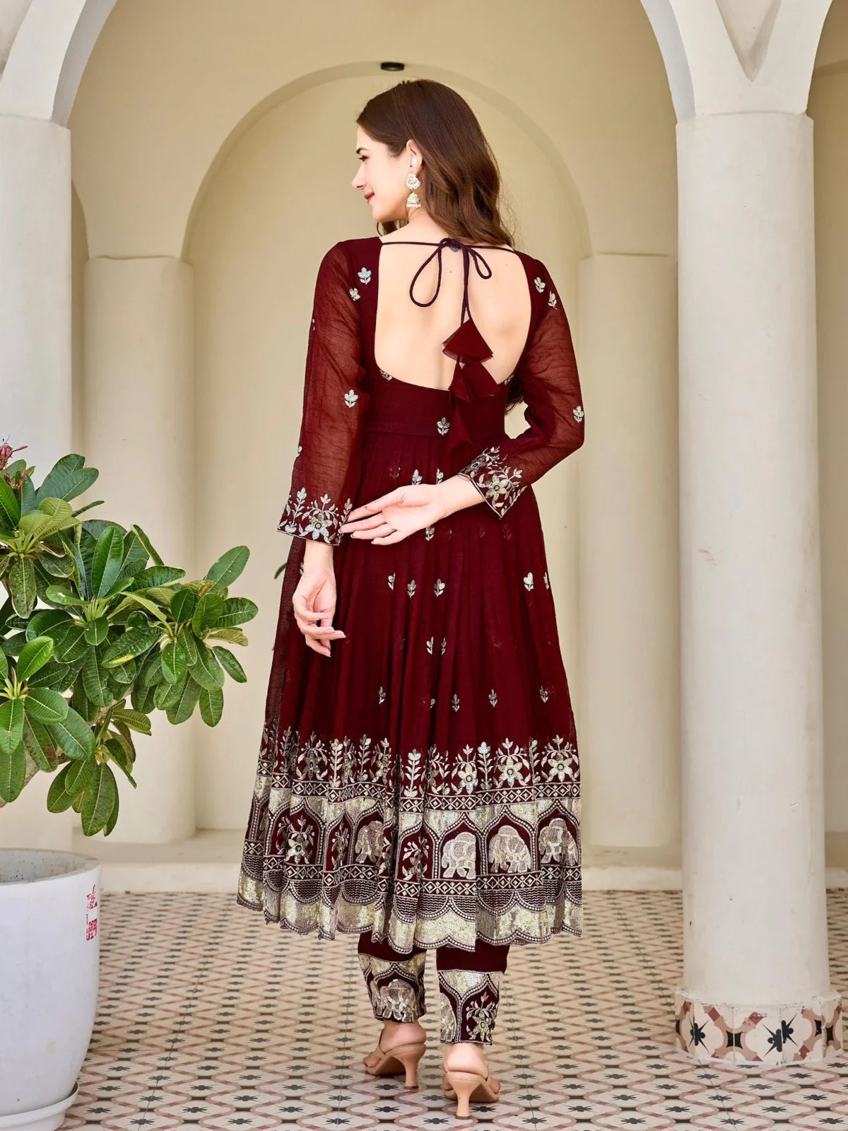 Tarani maroon festive dress back view with dori tie and embroidery details