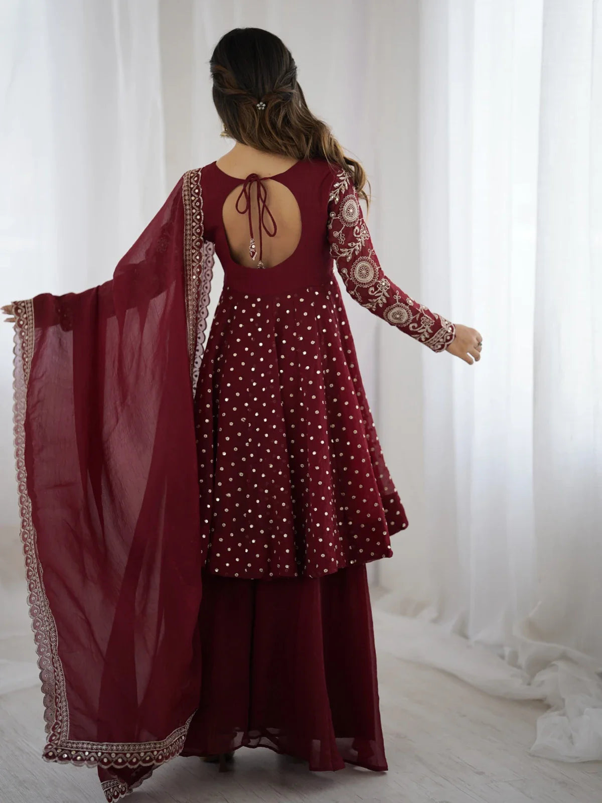 Tarani maroon silk sharara dress back embroidery and tie design view