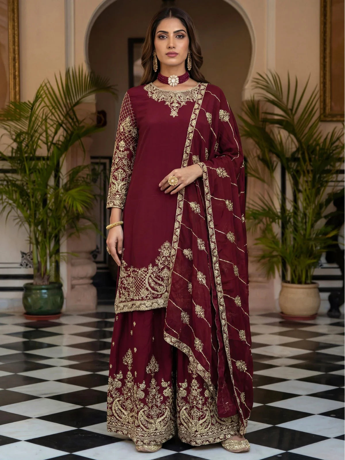 Tarani maroon silk dress front view with embroidery and dupatta set