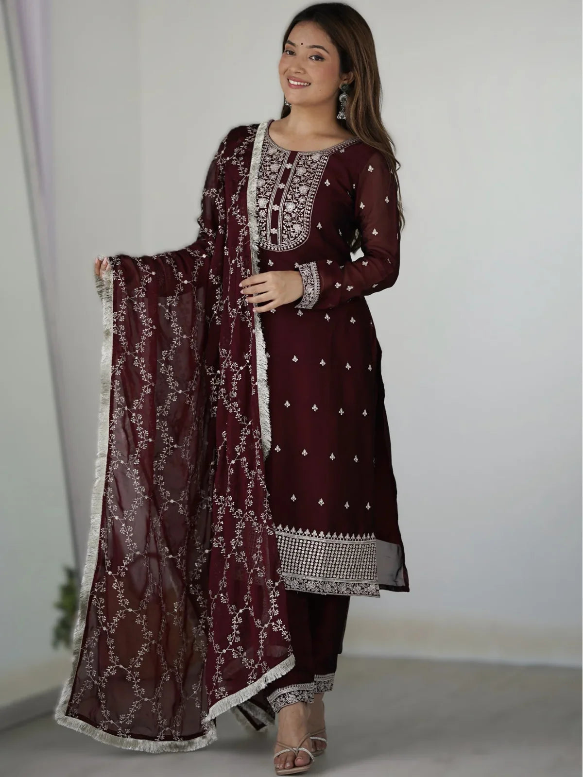 Tarani blooming silk maroon full set dress with embroidery and dupatta front pose view