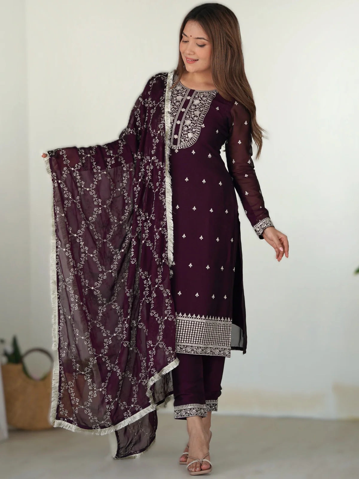 Tarani maroon silk embroidered dress full view with dupatta and pants for weddings and festivals