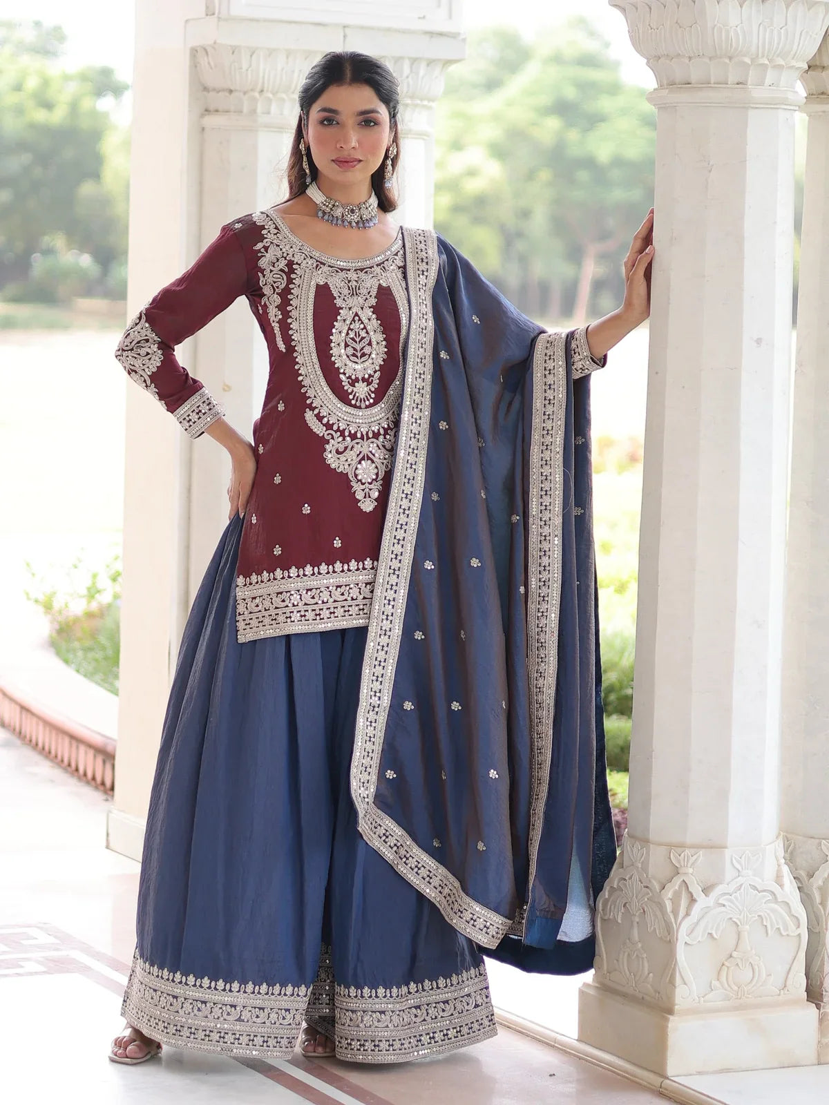 Tarani maroon silk dress with embroidered top, sharara and dupatta – full view front pose