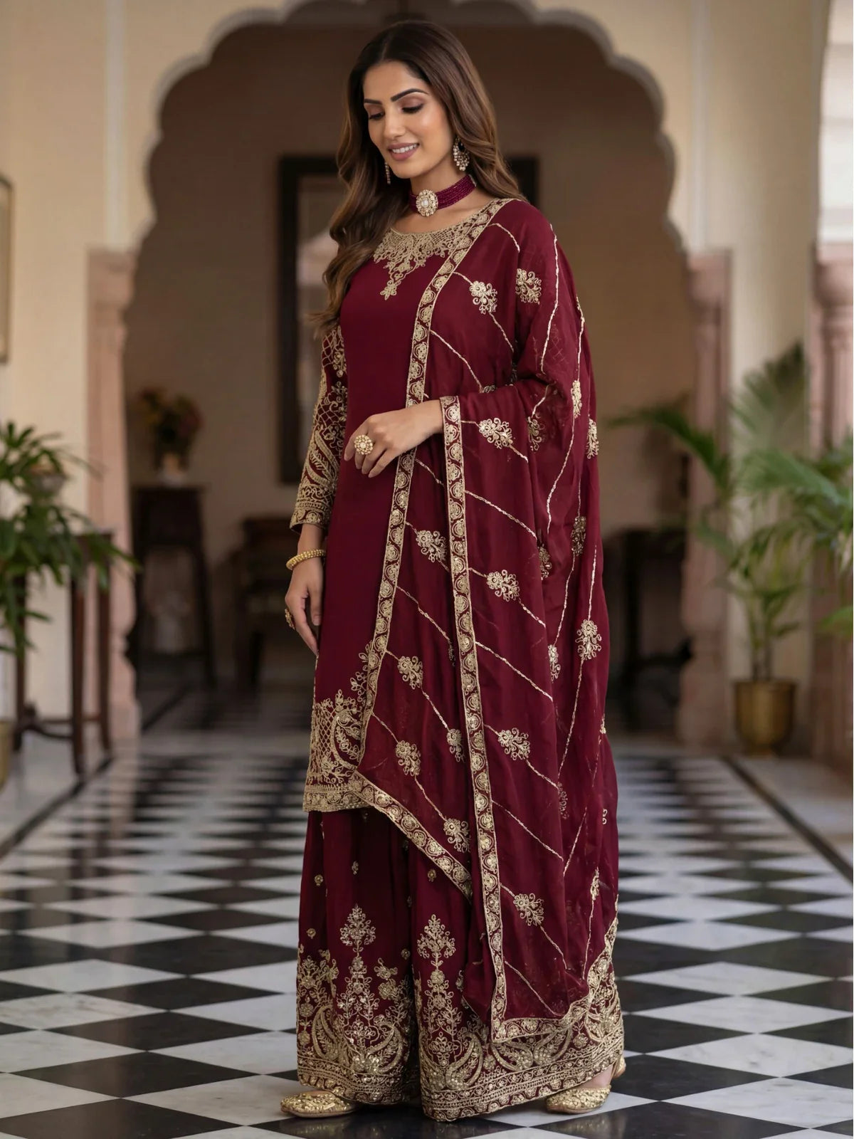 Tarani designer side view of maroon embroidered palazzo dress with dupatta