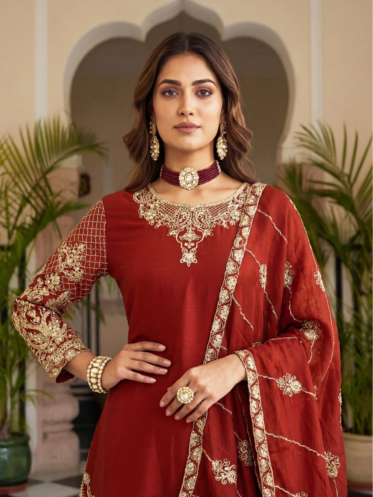 Tarani maroon silk dress upper body close-up with elegant zari neckline embroidery